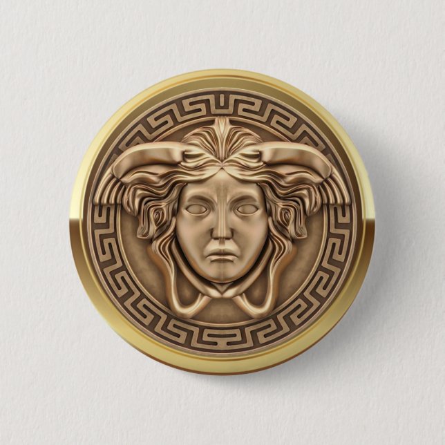Golden Medusa Gorgon with Greek Key 6 Cm Round Badge (Front)