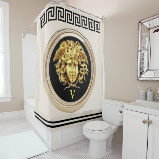 Golden Medusa / Greek Key Beige and Black Victory Shower Curtain (In Situ)