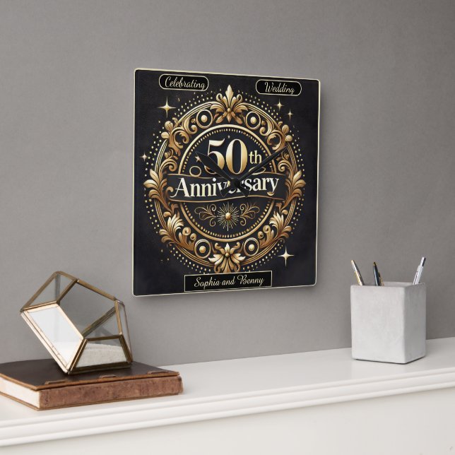 Golden Memories: 50 Years Together Square Wall Clock (Office)