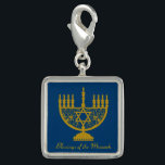 Golden Menorah Charm<br><div class="desc">Square sterling silver-plated charm with an image of a golden menorah and optional text on royal blue. See matching square button, large square premium metal keychain, square necklace and wrist watch. See the entire Hanukkah Charm collection under the ACCESSORIES category in the HOLIDAYS section.</div>