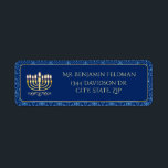 Golden Menorah Decorative<br><div class="desc">This return address label features a golden menorah on a dark blue centre and the background is a light and dark blue decorative design. The text on this label can be customised and used as either a return address label or can be used as a gift tag!</div>