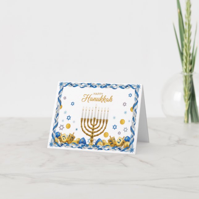 Golden Menorah & Dreidel — Happy Hanukkah Card (Front)