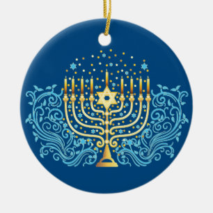 Golden menorah Hanukkah greeting festival of light Ceramic Tree Decoration