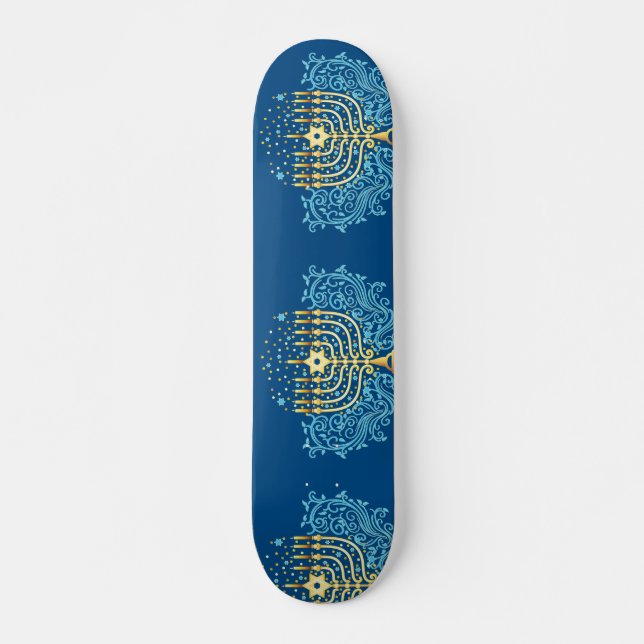 Golden menorah Hanukkah greeting festival of light Skateboard (Front)