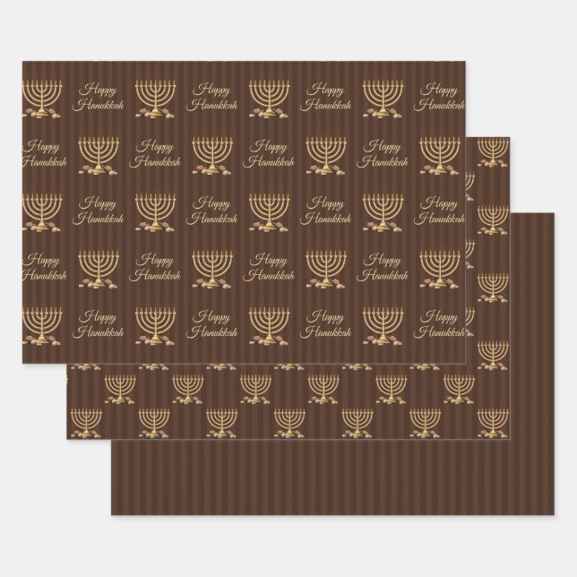 Golden Menorah Hanukkah Stripes Wrapping Paper Sheet (Set)
