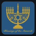 Golden Menorah Sticker<br><div class="desc">Square sticker with an image of a golden menorah and optional text on royal blue. See matching custom-cut vinyl sticker, invitation, label, confetti and wrapping paper. See the entire Hanukkah Sticker collection under the CARDS & STICKERS category in the HOLIDAYS section.</div>