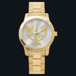 Golden Menorah Watch<br><div class="desc">Unisex over-sized gold bracelet watch with an image of a golden menorah on gleaming silver. See matching square button, square charm, large square premium metal keychain and square necklace. See the entire Hanukkah Wrist Watch collection under the ACCESSORIES category in the HOLIDAYS section.</div>