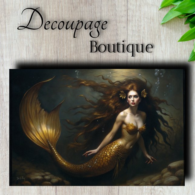 Golden Mermaid Fantasy - Ocean Theme Decoupage Tissue Paper (Golden Mermaid Fantasy Decoupage Tissue Pager)