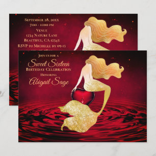 Golden Mermaid with Red Heart Sweet 16 Birthday Invitation