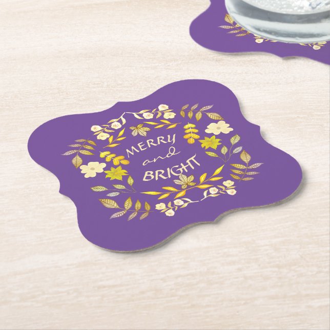 GOLDEN MERRY AND BRIGHT personalised Paper Coaster (Angled)