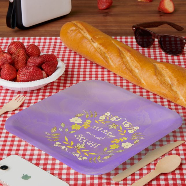 GOLDEN MERRY AND BRIGHT personalised Paper Plate (Picnic)
