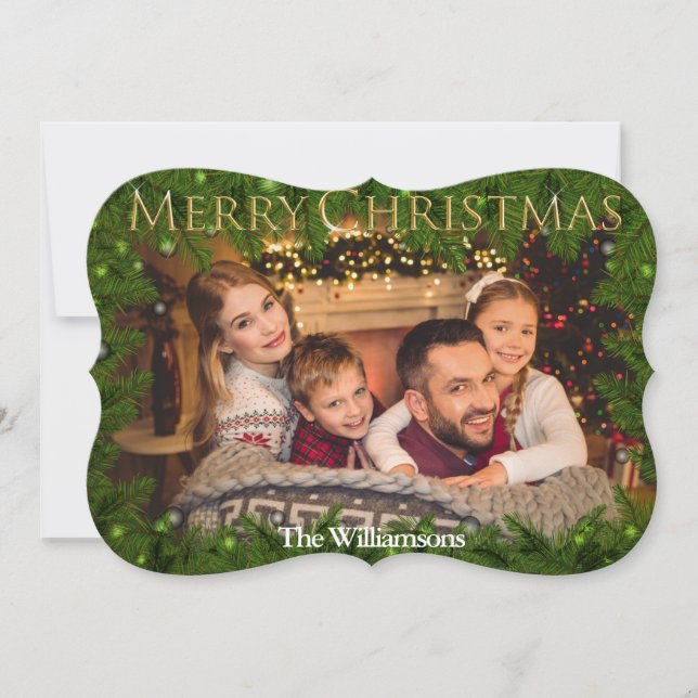 Golden Merry Christmas Among Pine  Fancy Photo Holiday Card (Front)