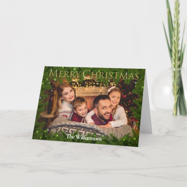 Golden Merry Christmas Among Pine Photo Holiday Card (Front)
