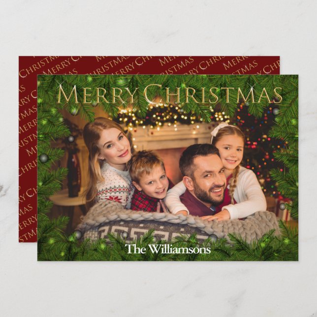 Golden Merry Christmas Among Pine Photo Holiday Card (Front/Back)