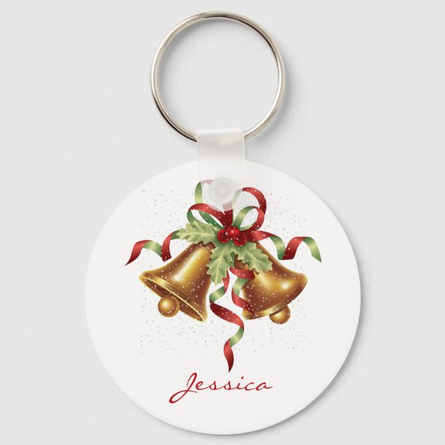 Golden Merry Christmas Bell with Red Bow Holiday Key Ring (Front)