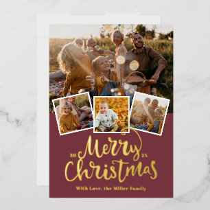 Golden Merry Christmas Elegant Photo collage Foil Foil Holiday Card