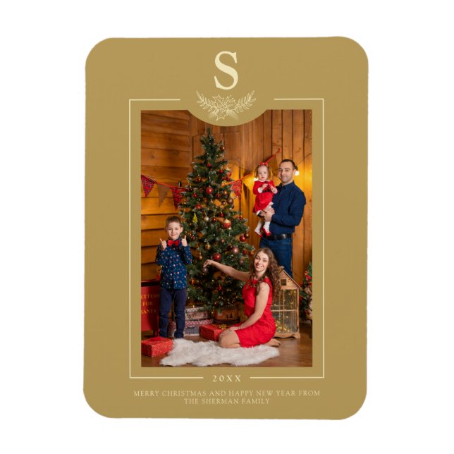 Golden Merry Christmas Monogrammed Photo Family Magnet (Vertical)