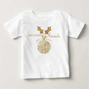 Golden Merry Christmas Ornament Ball & Holly Baby T-Shirt