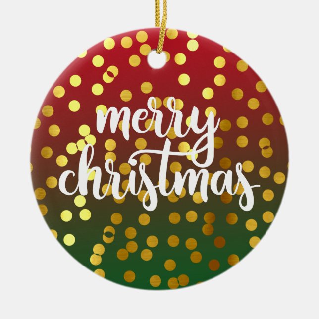Golden Merry Christmas Polka Dots Ceramic Ornament (Front)