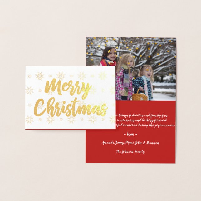 Golden Merry Christmas Script Foto Hearts Snow Foil Card (Display)