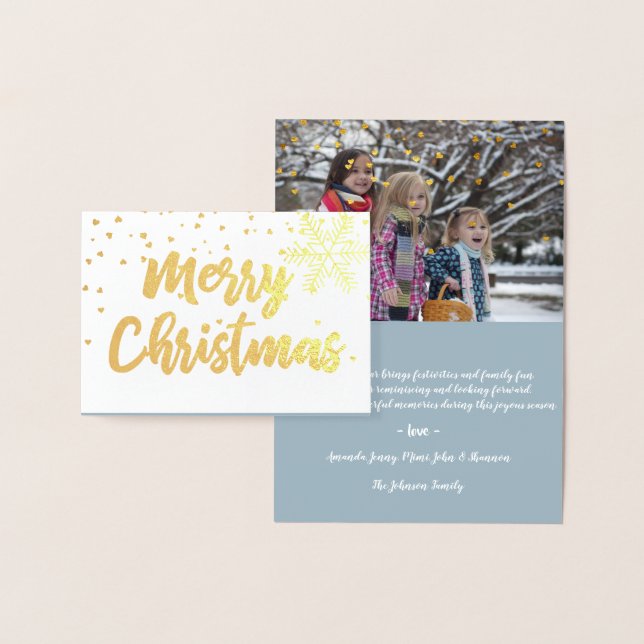 Golden Merry Christmas Script Photo Hearts Snow Foil Card (Display)