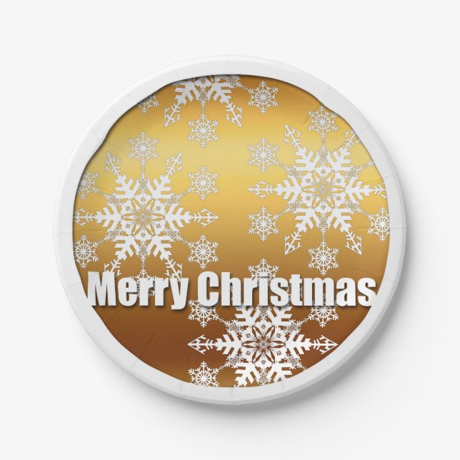 Golden Merry Christmas Snowflakes - Paper Plates (Front)