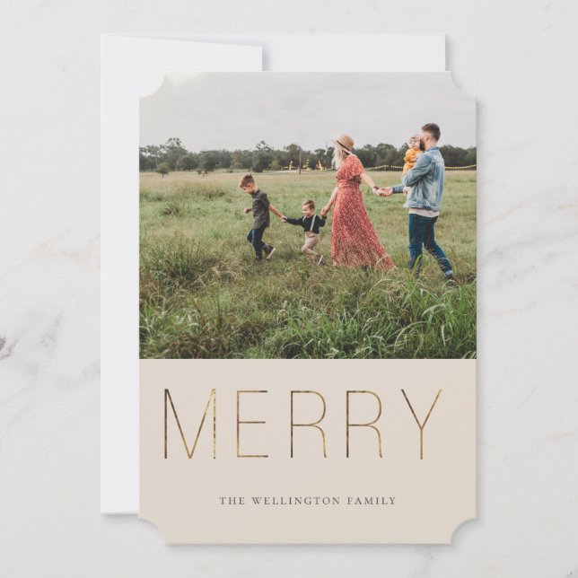 Golden MERRY Modern Photo Holiday Card | Sand (Front)