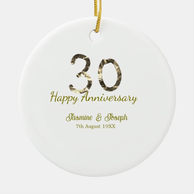 Golden Metallic 30th Happy anniversary add name Ceramic Tree Decoration (Front)