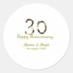 Golden Metallic 30th Happy anniversary add name Classic Round Sticker
