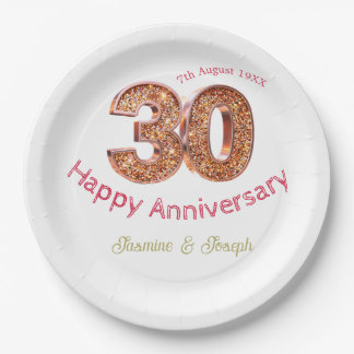 Golden Metallic 30th Happy anniversary add name Paper Plate