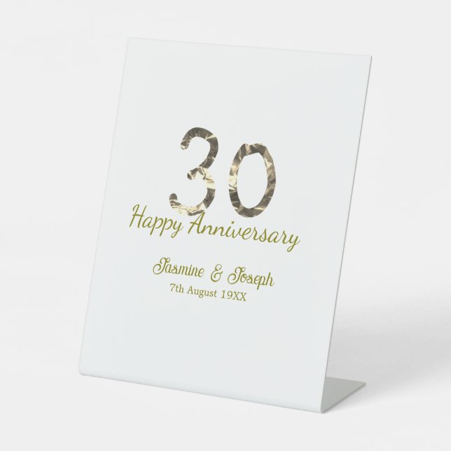 Golden Metallic 30th Happy anniversary add name Pedestal Sign (Front)