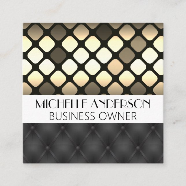 Golden Metallic | Black Upholstered Padding Square Business Card (Front)