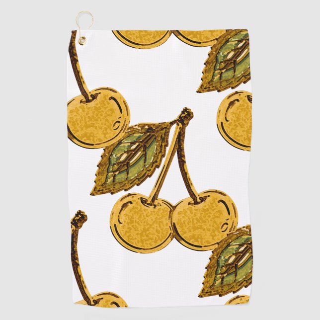Golden Metallic Cherries Pattern Golf Towel (Front)