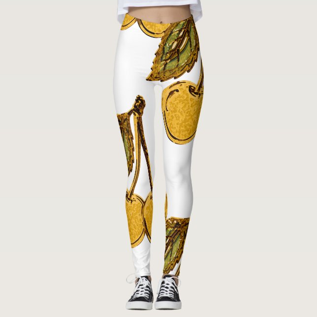 Golden Metallic Cherries Pattern Leggings (Front)