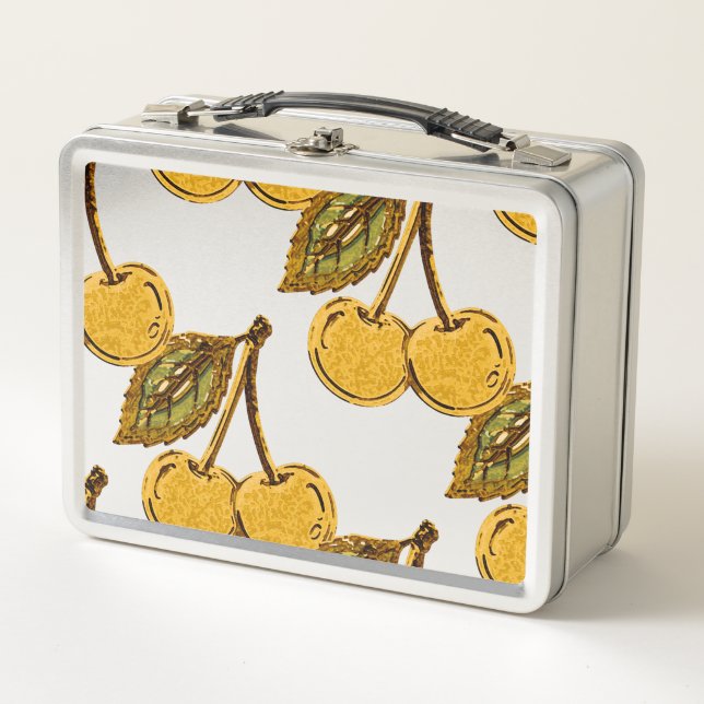 Golden Metallic Cherries Pattern Metal Lunch Box (Front)