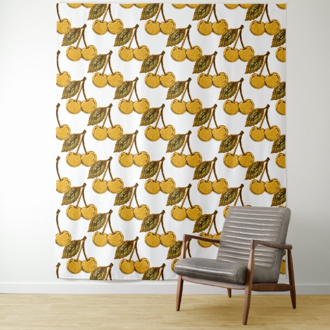 Golden Metallic Cherries Pattern Tapestry (In Situ)