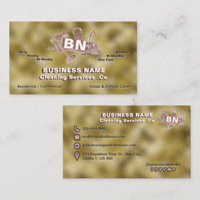 Golden Metallic Cleaning Services Rose Gold Logo Business Card (Front/Back)