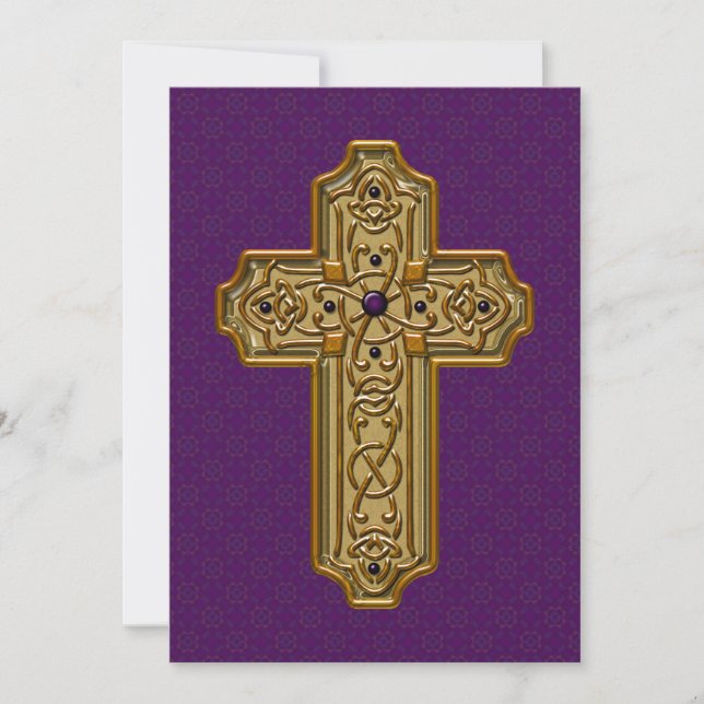 Golden Metallic Cross Purple Decorative Background Holiday Card (Front)