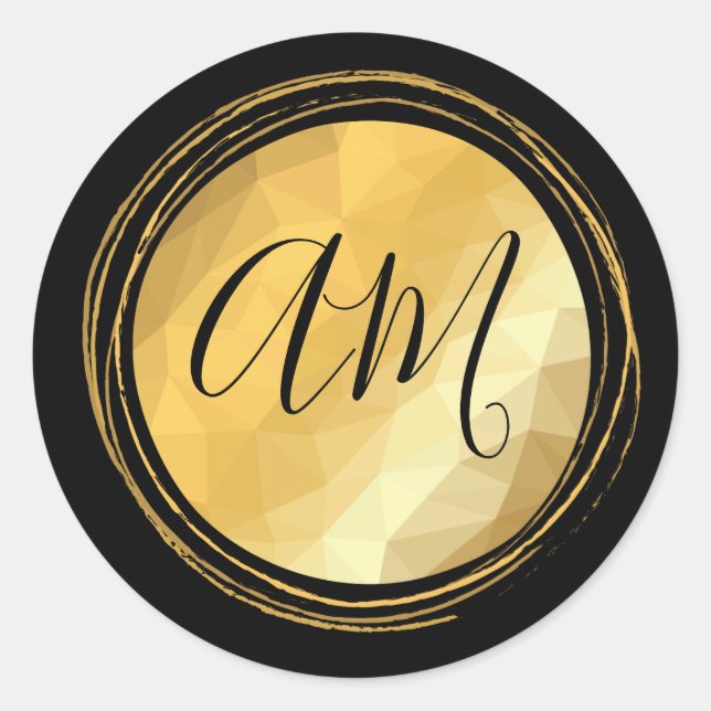 Golden metallic frame custom monogram letters  classic round sticker (Front)