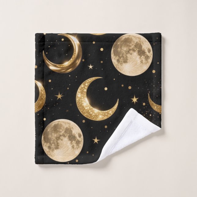 Golden Metallic Moons Pattern,Luxe Celestial  Bath Towel Set (Wash Cloth)