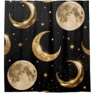 Golden Metallic Moons Pattern,Luxe Celestial Shower Curtain