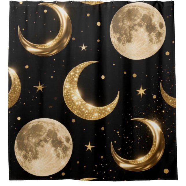 Golden Metallic Moons Pattern,Luxe Celestial  Shower Curtain (Front)