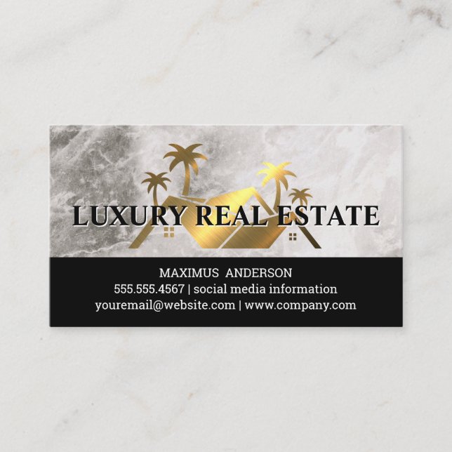 Golden Metallic Real Estate Logo | Marble Business Card (Front)