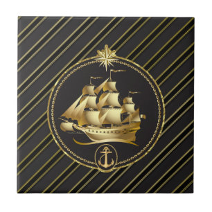 Golden Metallic Sailing Ship & Anchor Gold Stripes Tile