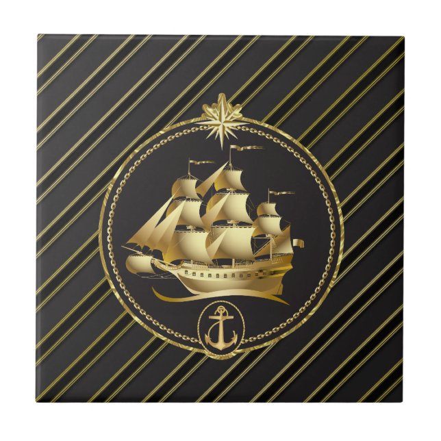 Golden Metallic Sailing Ship & Anchor Gold Stripes Tile (Front)