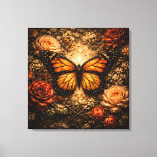 Golden Metamorphosis: Monarch & Autumn Roses Canvas Print