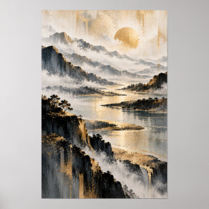 Golden Mist Mountain Lake Abstract Wall Art
