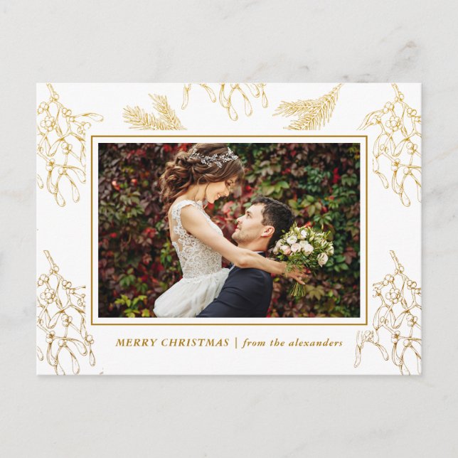 Golden Mistletoe Elegant Photo Christmas Holiday Postcard (Front)