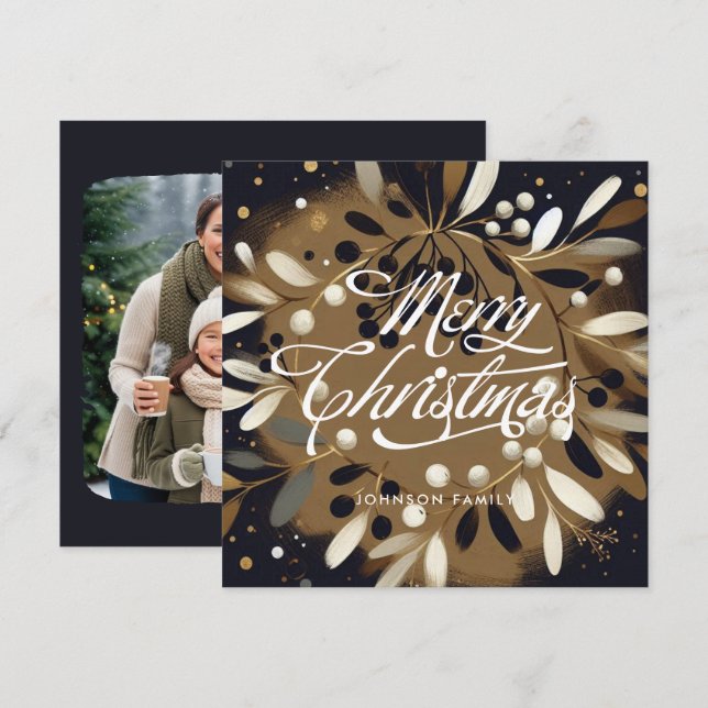Golden mistletoe wreath Flat Holiday Card (Front/Back)
