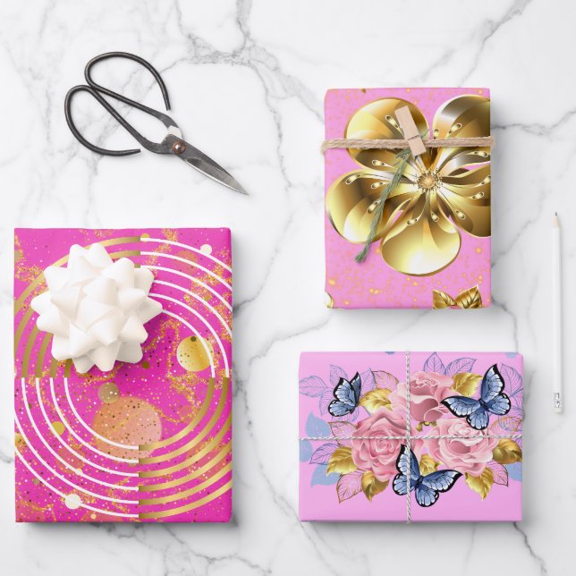 Golden Modern Geometric and Flowers Galore Wrapping Paper Sheet (Front)